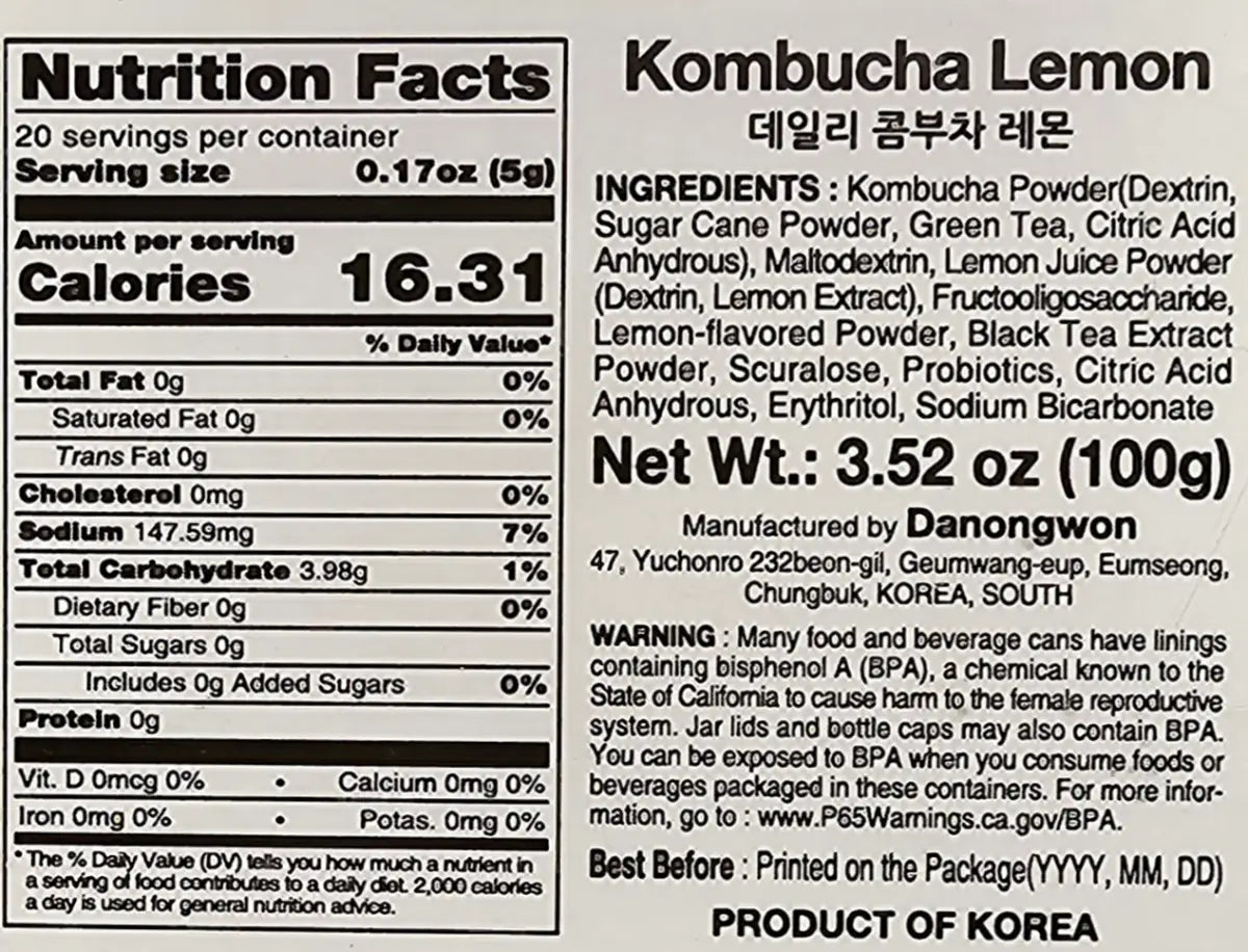 Danongwon Daily Kombucha Lemon Tea bottle set with 20 sticks, featuring nutrition facts and ingredients on the label.