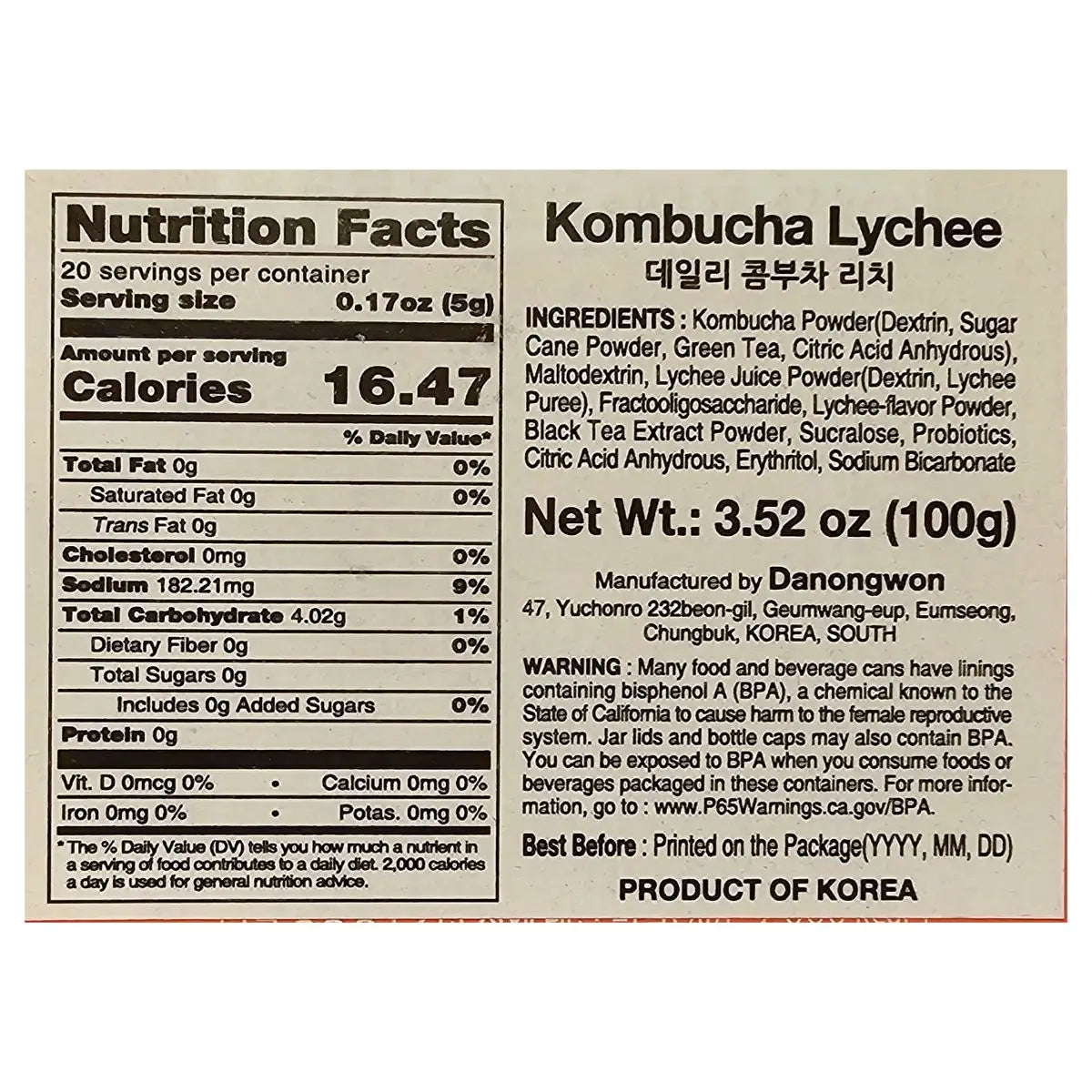 Danongwon Lychee Kombucha tea sticks with nutrition facts and ingredients on a black background. Includes 20 sticks and a free bottle.
