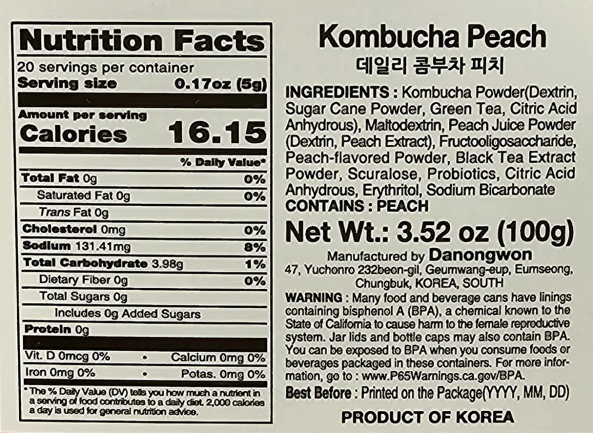 Danongwon Peach Kombucha tea set with 20 sticks, showing nutrition facts and ingredients label on packaging.