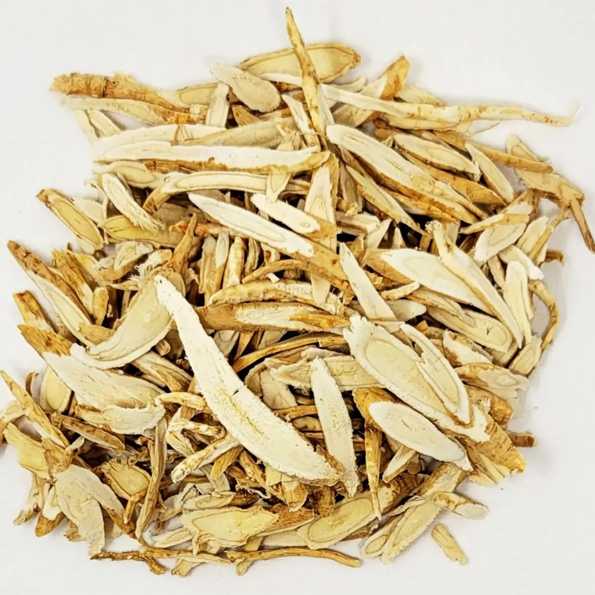 Detailed close-up of dried Astragalus root slices showing natural texture for herbal remedies