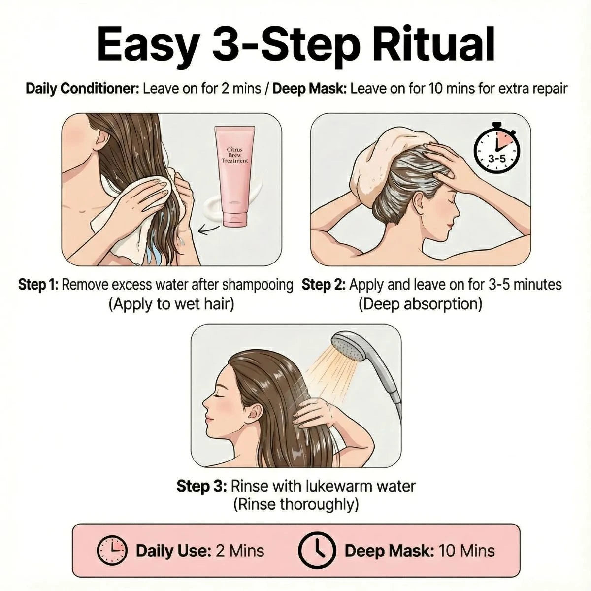 Step-by-step guide for applying Nature’s Dazzle Citrus Brew Hair Treatment, a 7.4 oz treatment for healthy, shiny hair.