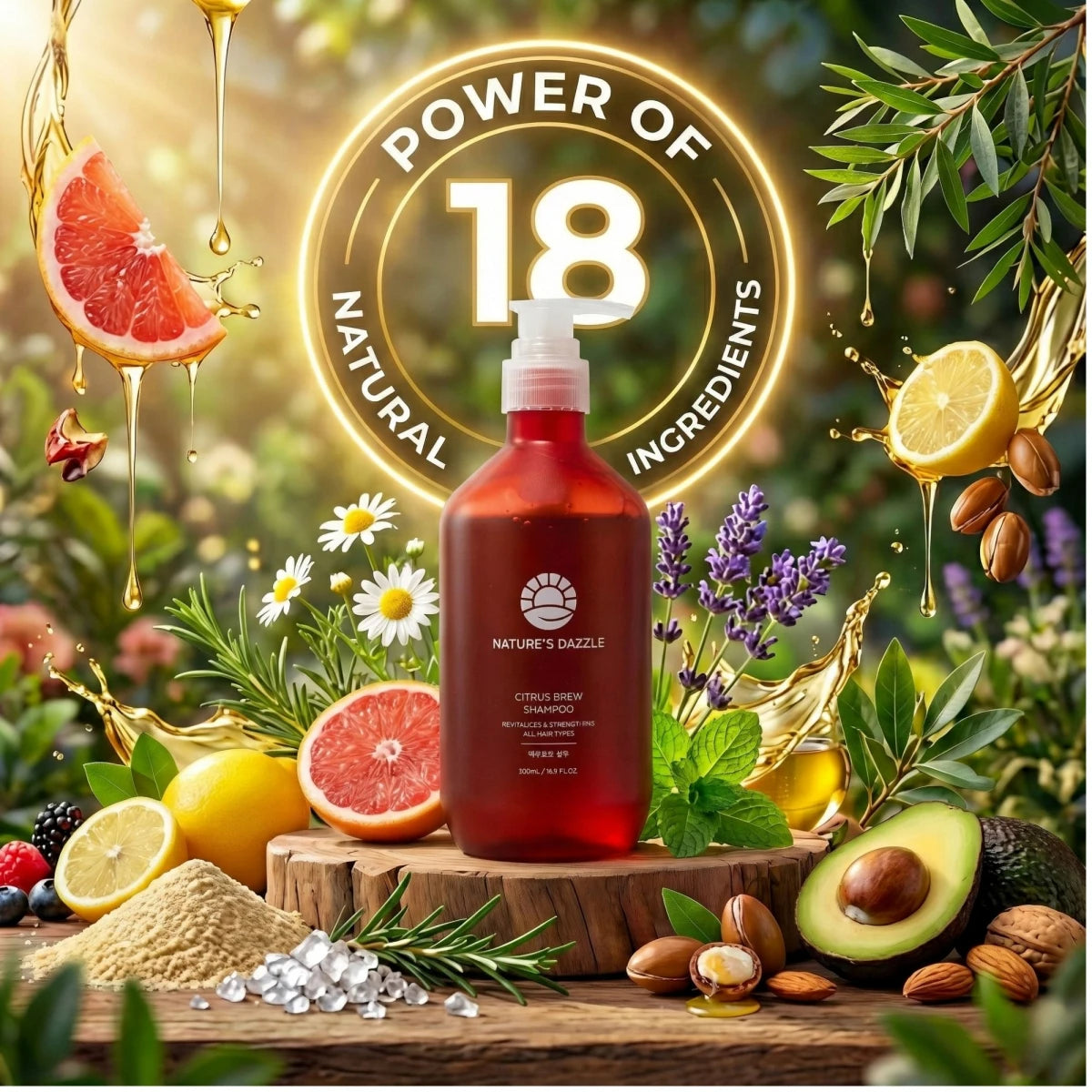 Nature’s Dazzle Citrus Brew Shampoo bottle, 16.9 oz, featuring essential amino acids for nourishing hair and a citrus scent.