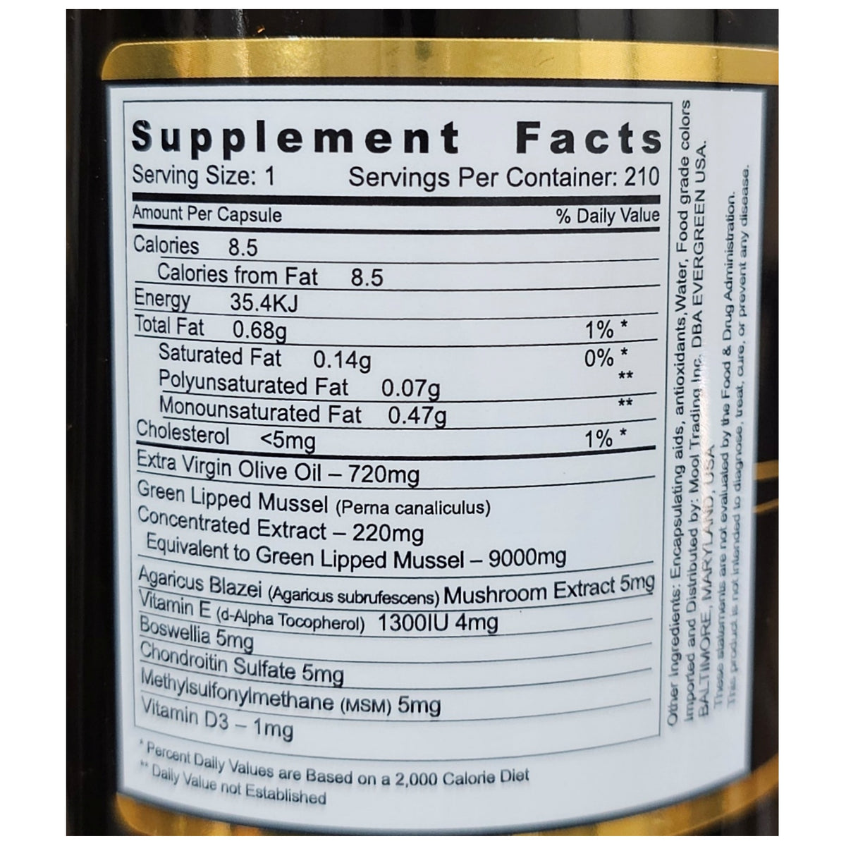 Evergreen Hyper Lipid (green lipped mussel 8-in-1) — back label with Supplement Facts panel, 210 capsules