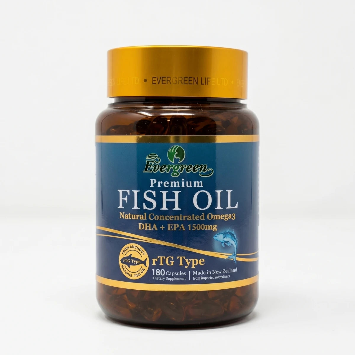 Evergreen High Potency rTG Fish Oil 180 capsules bottle for daily heart and cognitive support