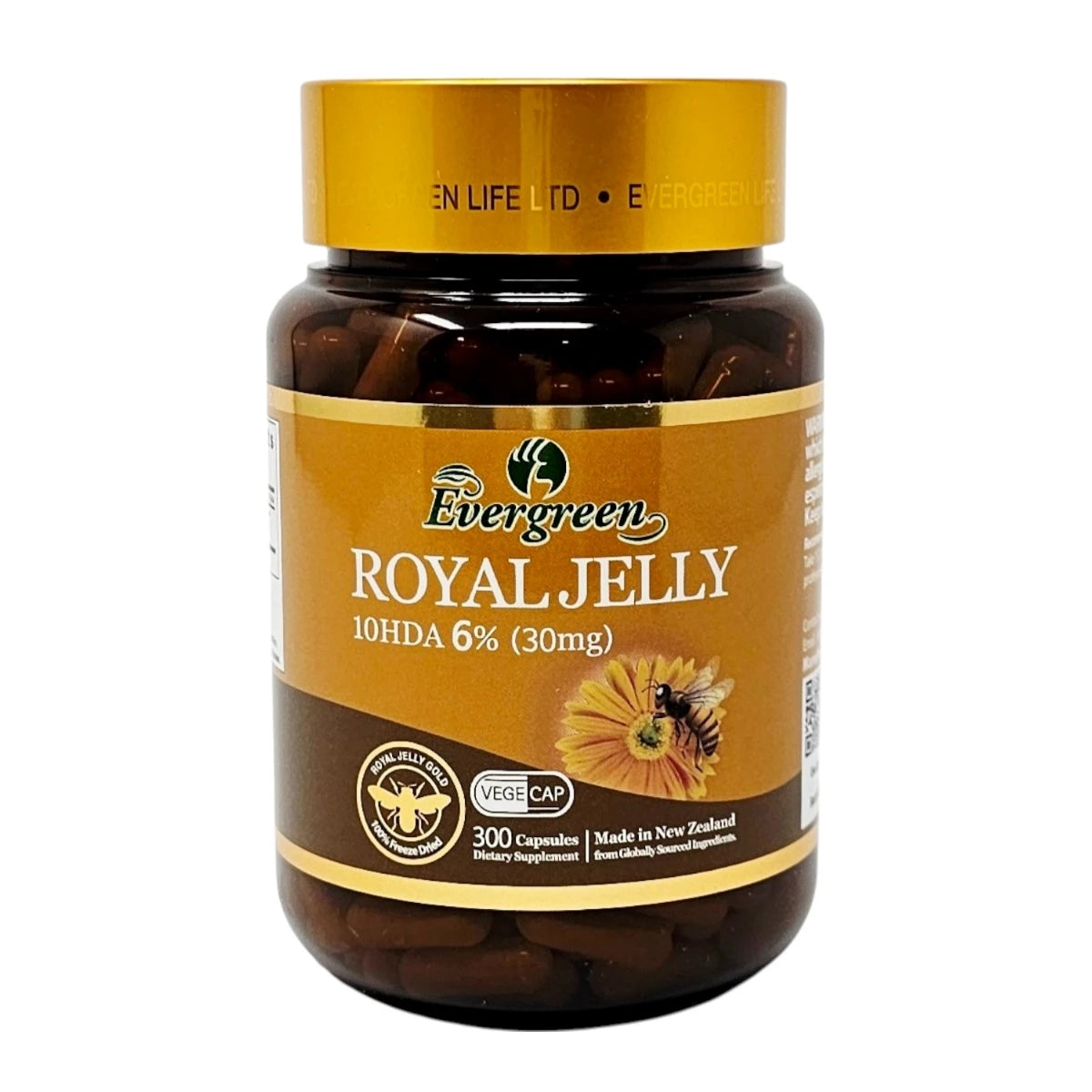 Evergreen Royal Jelly Capsules bottle of 300 freeze-dried vegecaps