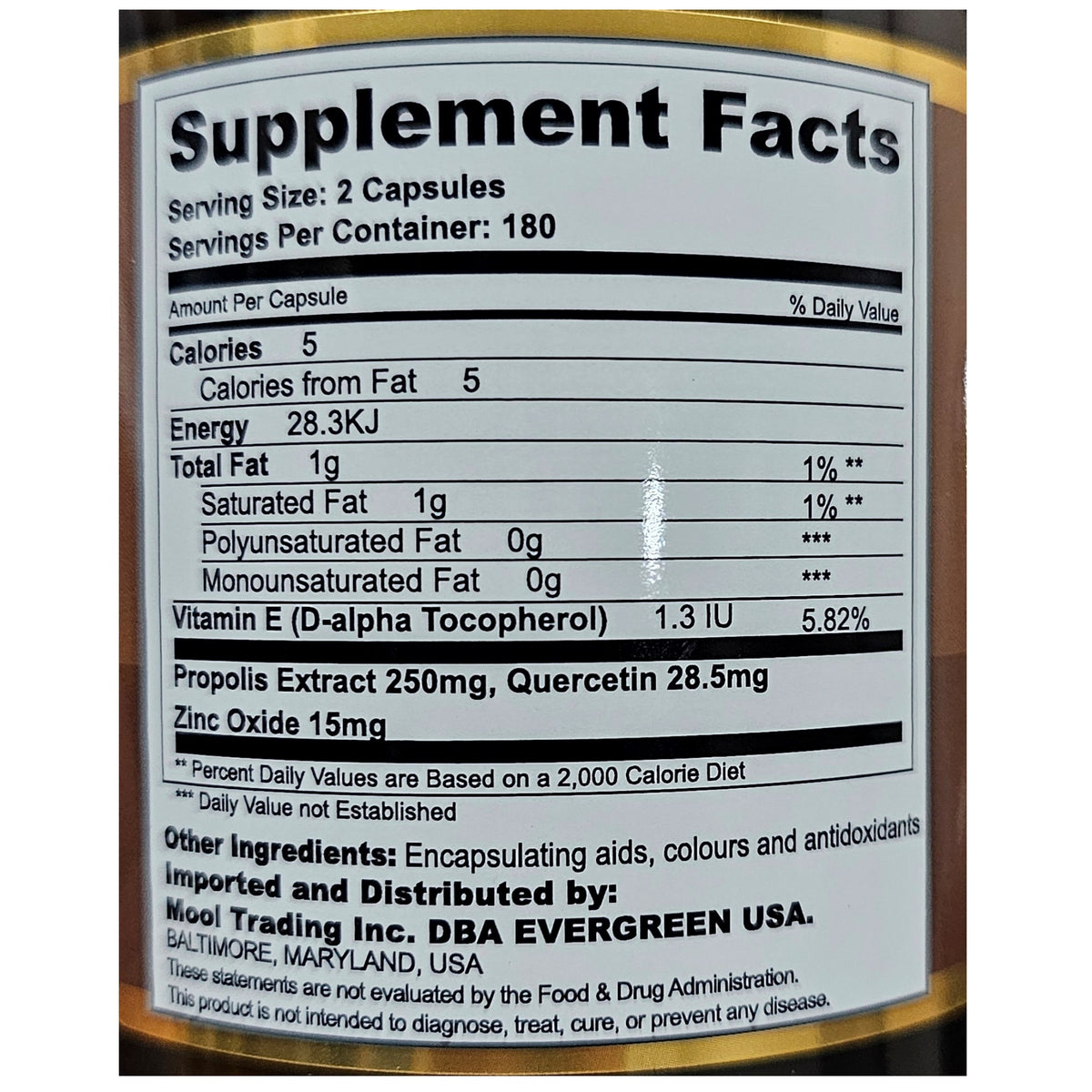 Evergreen Propolis Capsules — Supplement Facts close-up: propolis extract, quercetin, zinc oxide, vitamin E per capsule