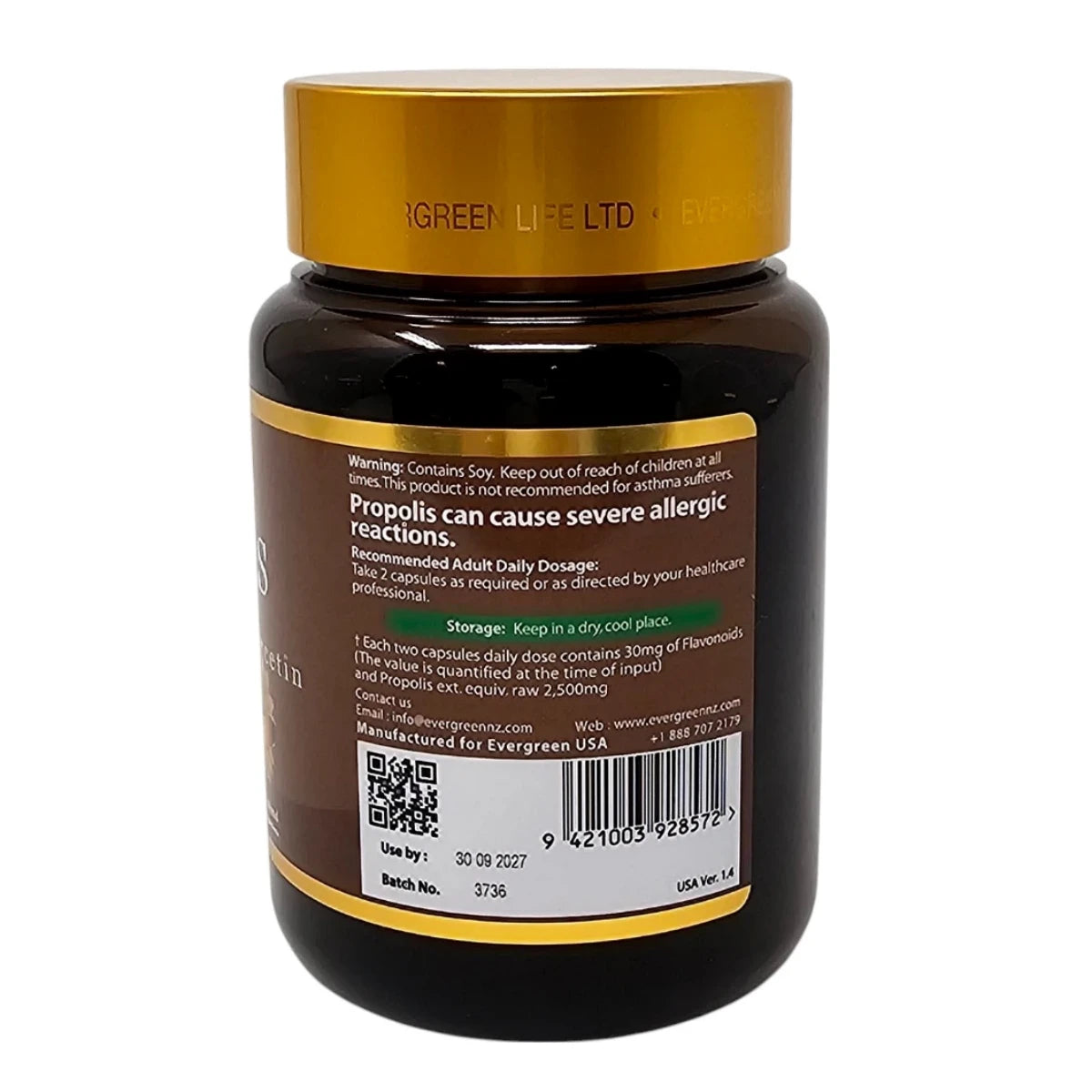 Evergreen Propolis Capsules — back label with daily dosage, soy and bee-product allergy warning, and storage