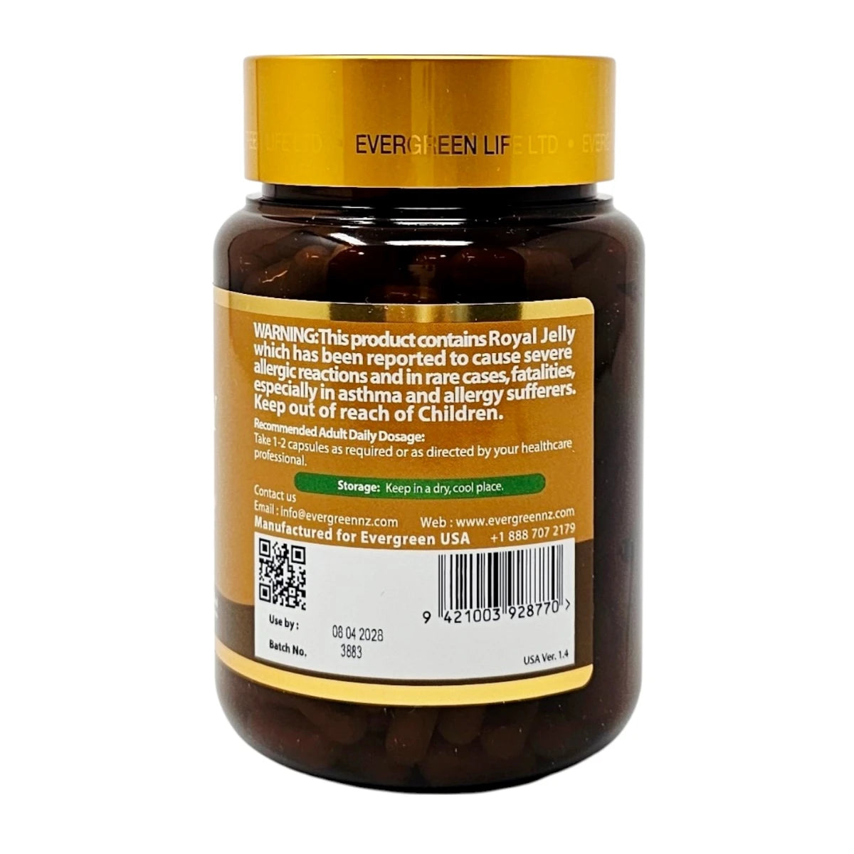 Evergreen Royal Jelly back label with directions, vegetarian capsule note, and bee-allergy warning