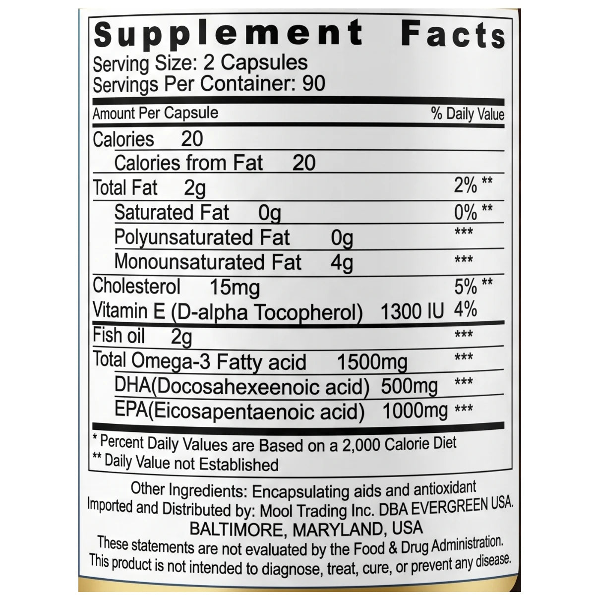 Supplement facts and nutritional ingredients label for Evergreen rTG Fish Oil