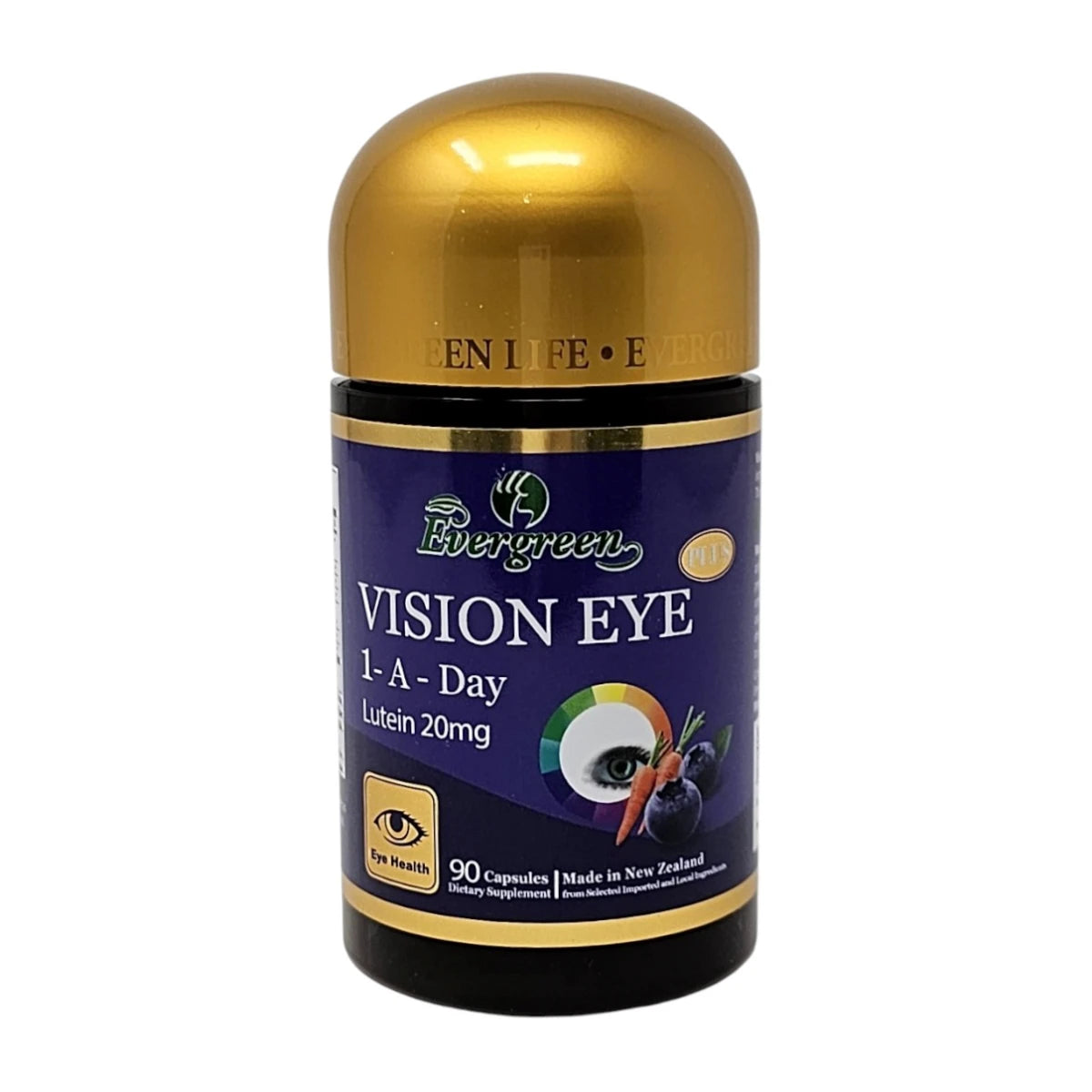 Front view of Evergreen Vision Eye Plus bottle, a 1-a-day lutein 20mg supplement for daily eye comfort and blue light defense.