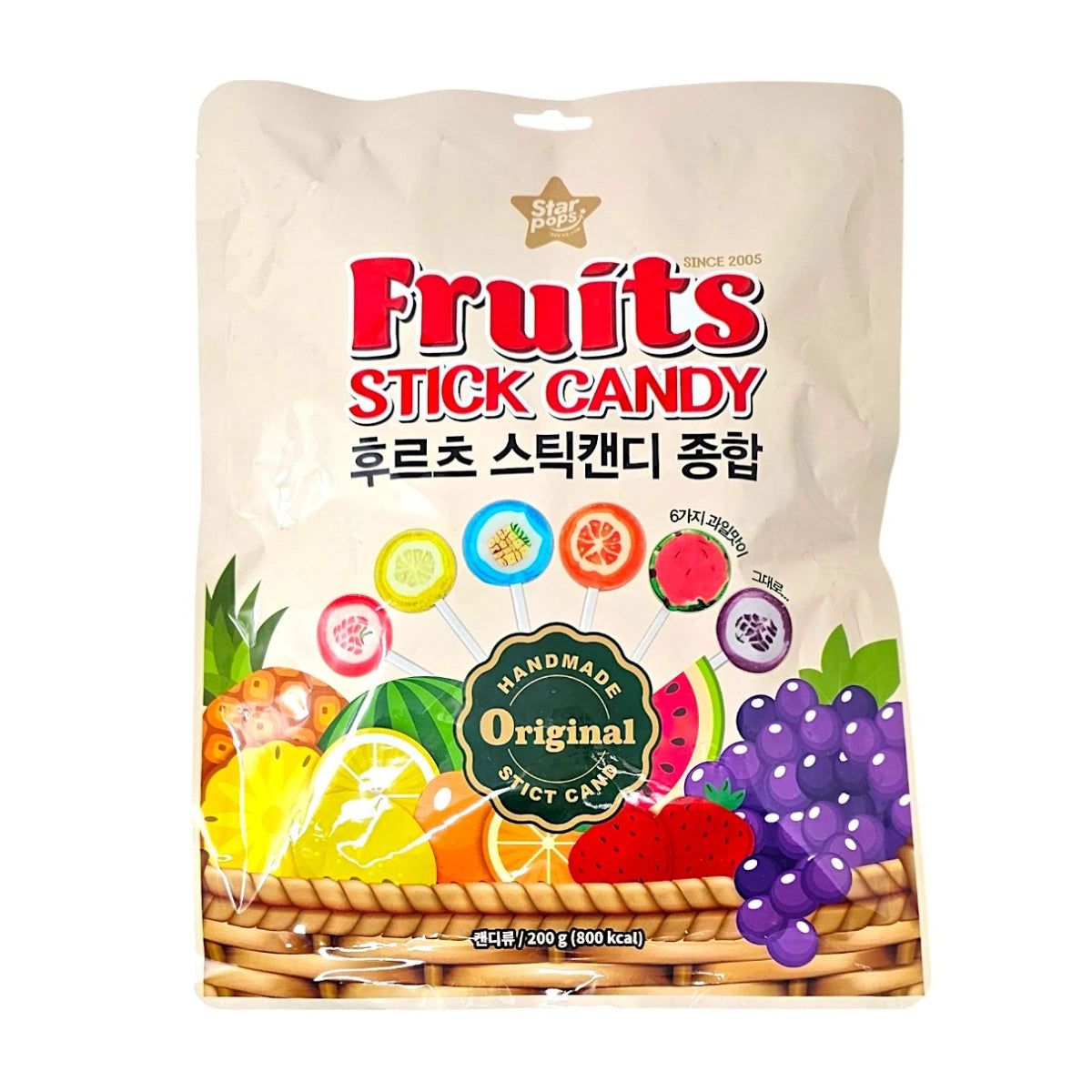 Star Pops Handmade Fruits Stick Candy featuring various fruit-shaped lollipops in a colorful retail bag.