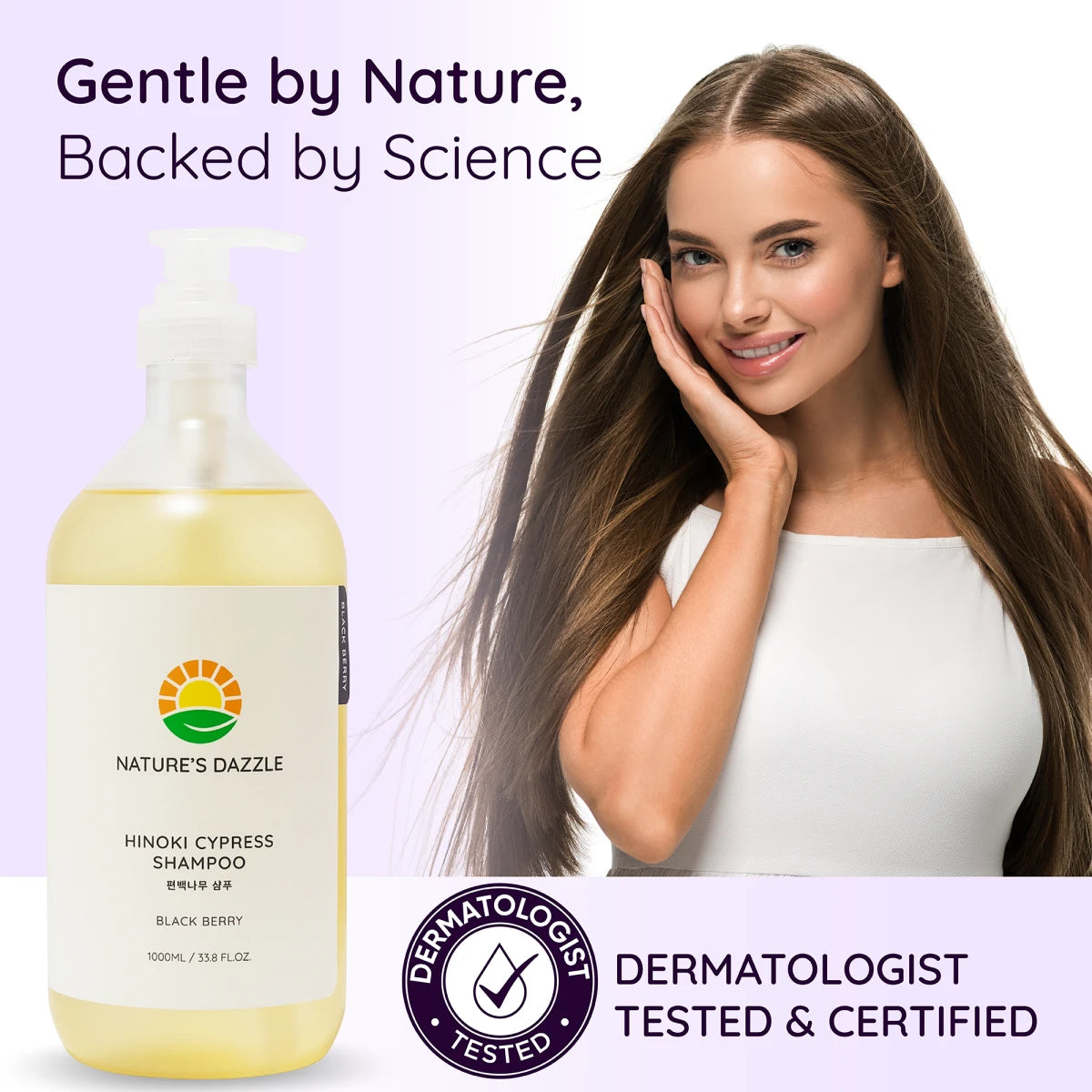 Vibrant, healthy hair after using Nature's Dazzle Hinoki Cypress Shampoo with Black Berry and White Musk, 33.8 fl oz.