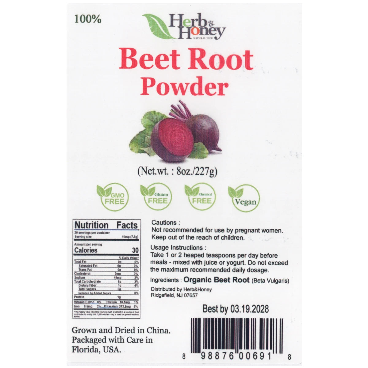 Herb & Honey beet root powder 8 oz back label with Nutrition Facts, ingredients and usage — grown in China, packaged in Florida, USA