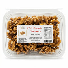 A clear container of Herb & Honey California Walnuts showing premium light halves and pieces, 10oz pack.