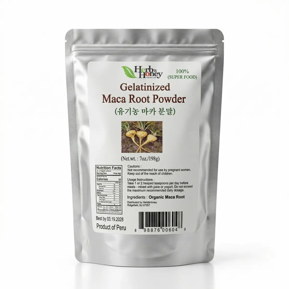 Front view of Herb & Honey Gelatinized Organic Maca Root Powder 7oz (198g) silver pouch packaging on a white background.