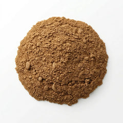 A close-up pile of fine, light brown Herb & Honey Gelatinized Organic Maca Root Powder on a clean white background.