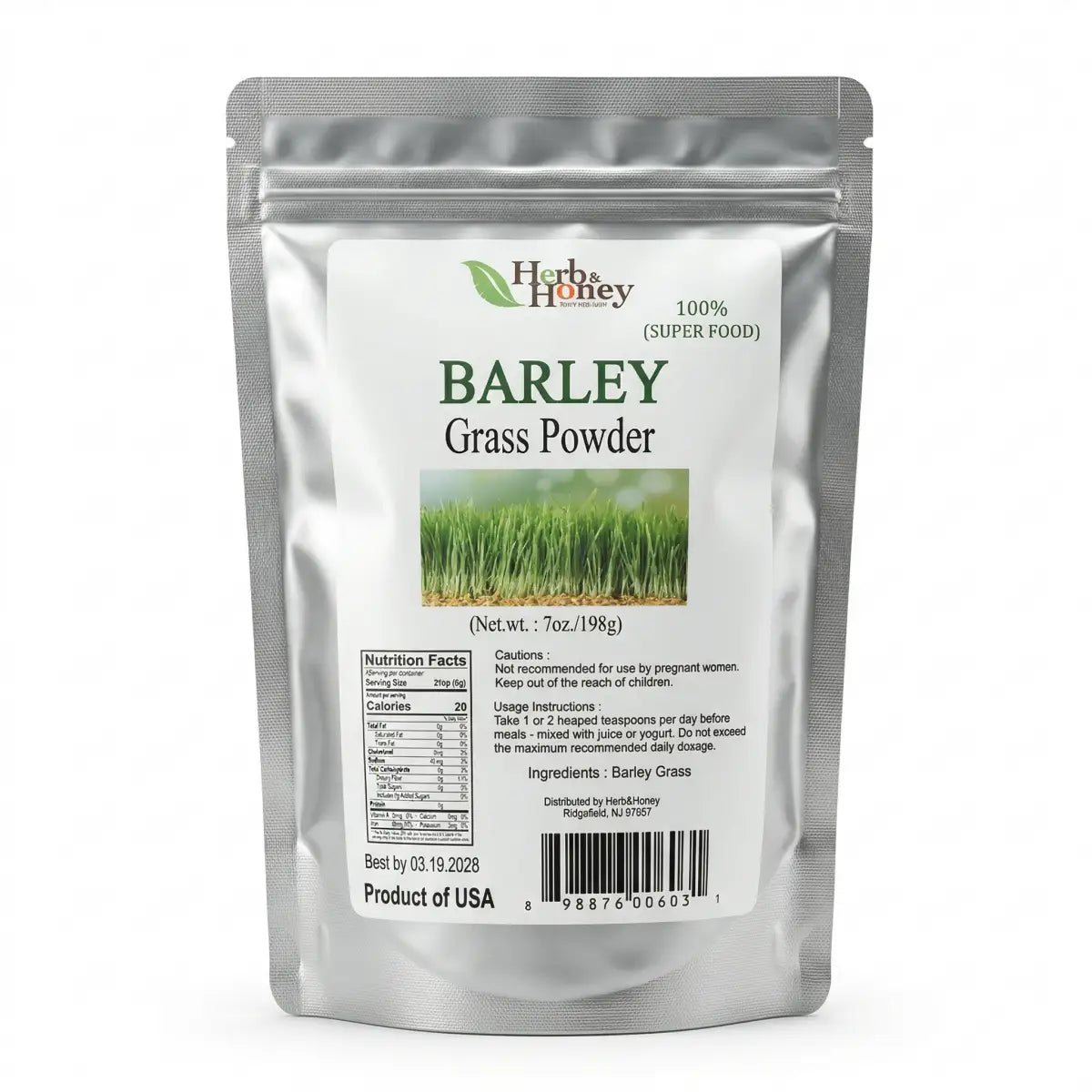 Front view of Herb & Honey 100% Pure Barley Grass Powder 7oz silver stand-up pouch packaging on a white background.