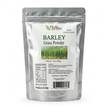Front view of Herb & Honey 100% Pure Barley Grass Powder 7oz silver stand-up pouch packaging on a white background.