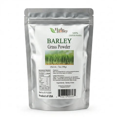 Front view of Herb & Honey 100% Pure Barley Grass Powder 7oz silver stand-up pouch packaging on a white background.