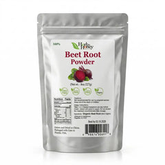 Front view of Herb & Honey 100% Pure Beet Root Powder 8oz (227g) silver pouch packaging on a white background, featuring vegan and non-GMO labels.