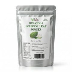 Front view of Herb & Honey Pure Brazilian Graviola Soursop Leaf Powder 7oz (198g) silver stand-up pouch packaging.