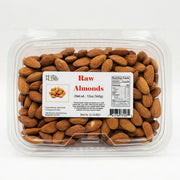 A clear container of Herb & Honey Raw Almonds, 12oz, featuring 100% US-grown unroasted almonds.