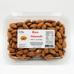 A clear container of Herb & Honey Raw Almonds, 12oz, featuring 100% US-grown unroasted almonds.