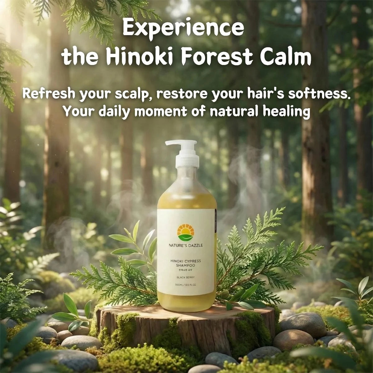Nature's Dazzle Hinoki Cypress Shampoo with black berry and white musk, showcasing a calming Hinoki forest scene.