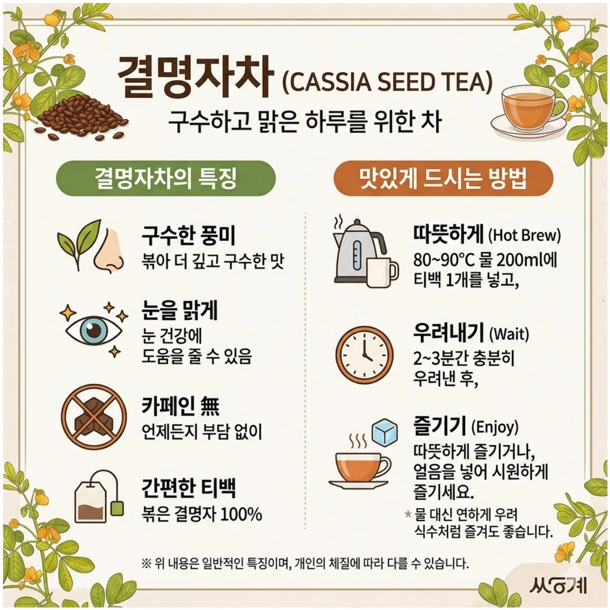 물 온도와 시간 등 최상의 맛을 위한 쌍계 볶은 결명자차 음용 가이드 인포그래픽.