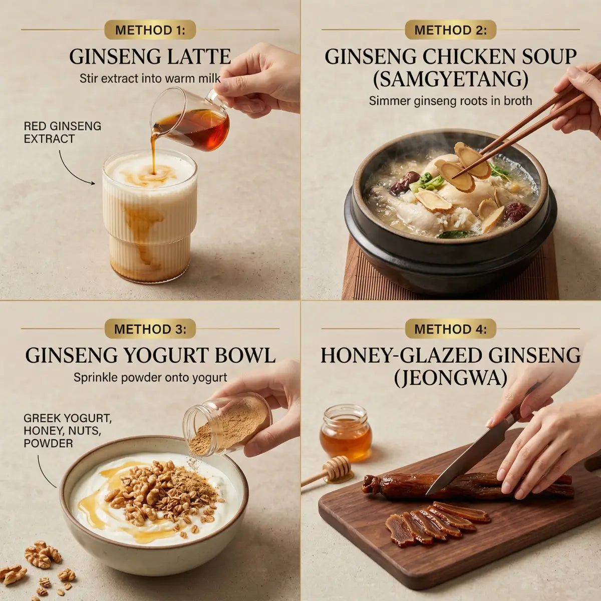 Sahm Premium Canadian Dried Ginseng Root in 4.2 oz package, shown with recipe ideas for Vitamins & Supplements.