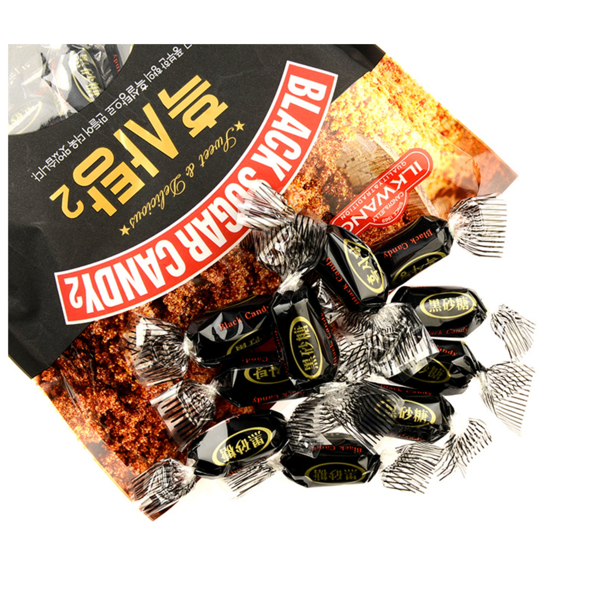 Korean black sugar candy — individually wrapped pieces in black wrappers spilling from the bag