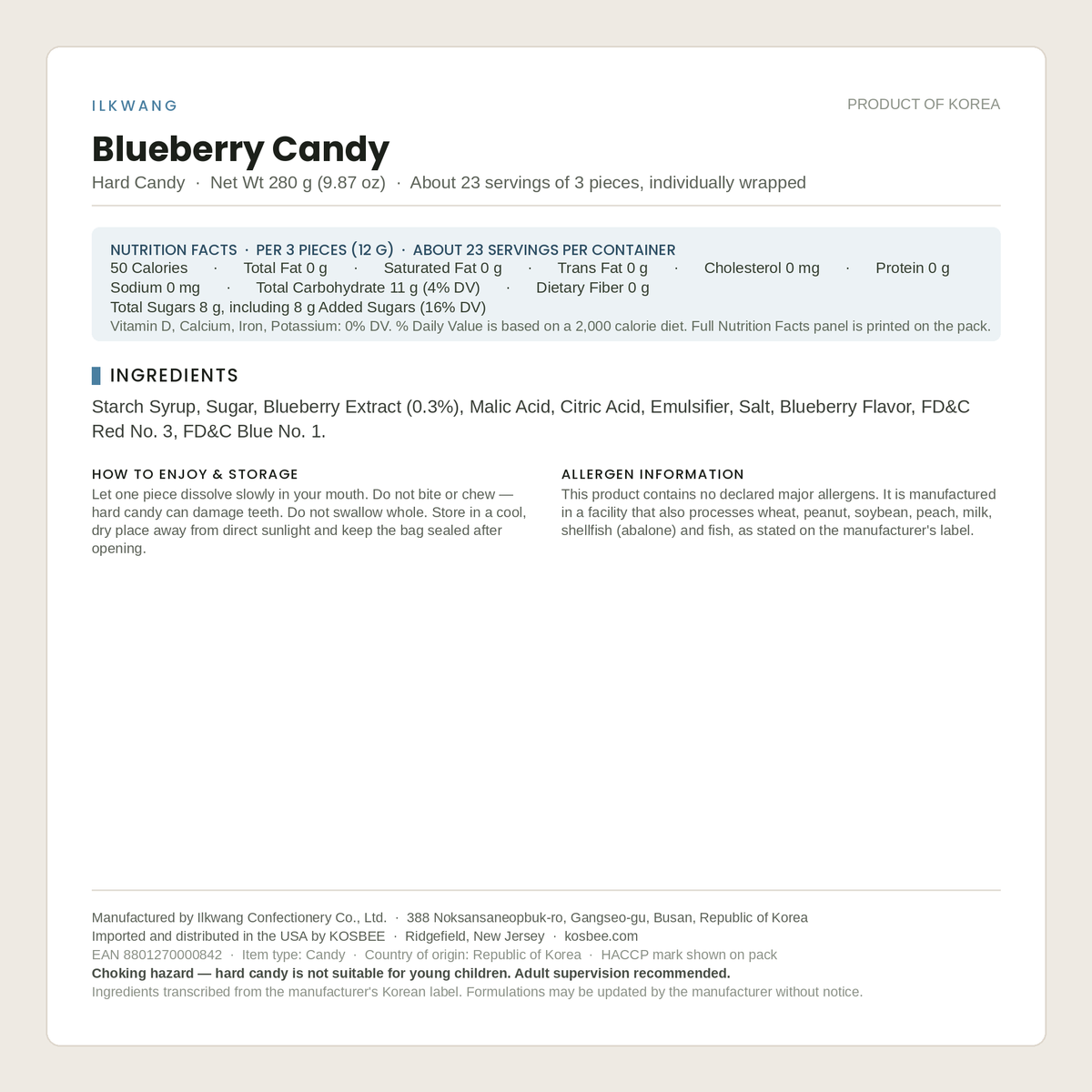 Ilkwang Blueberry Candy ingredients panel — 280 g (9.87 oz) Korean hard candy with blueberry extract, Product of Korea