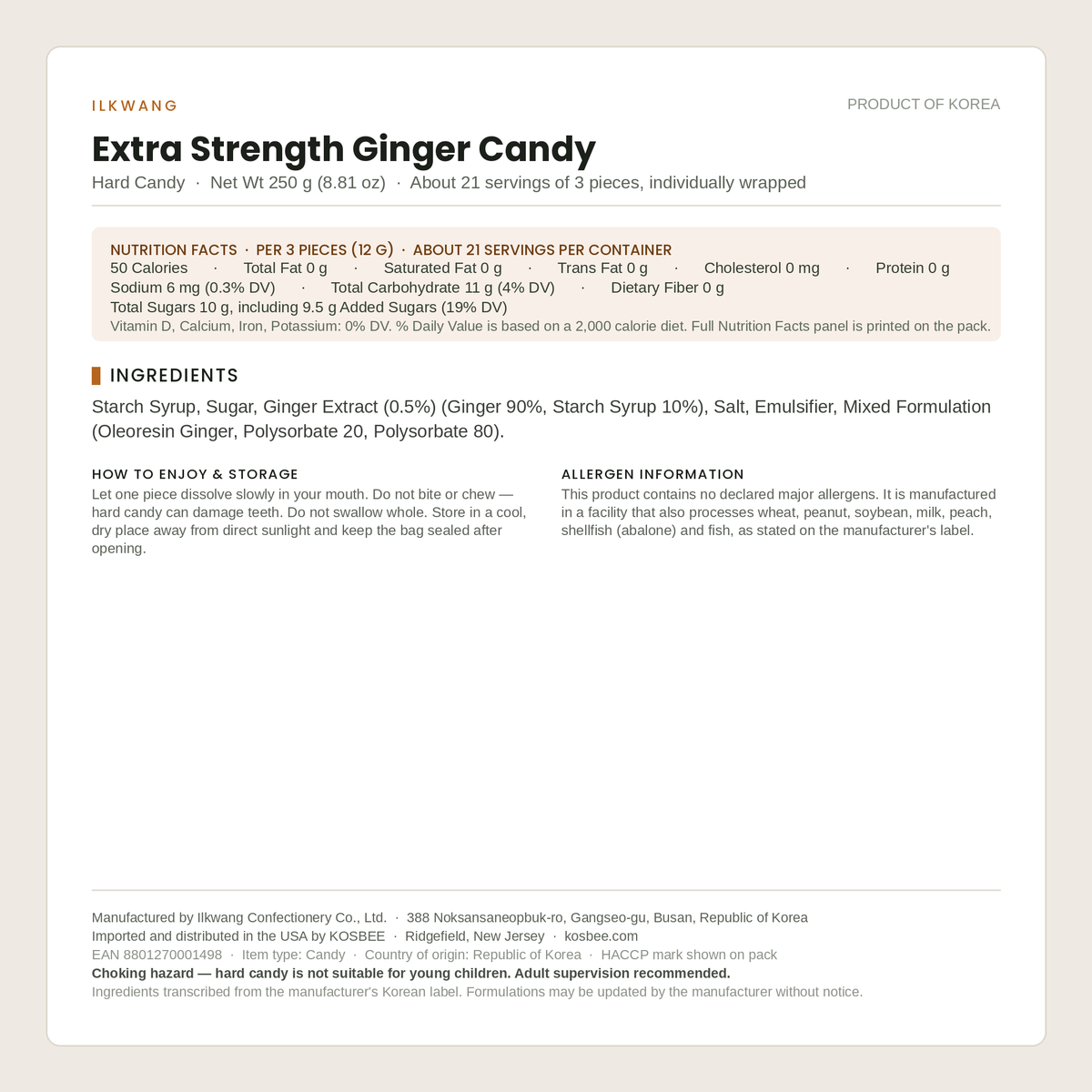 Ilkwang Extra Strength Ginger Candy ingredients panel — 250 g (8.81 oz) Korean hard candy with 0.5% ginger extract, Product of Korea