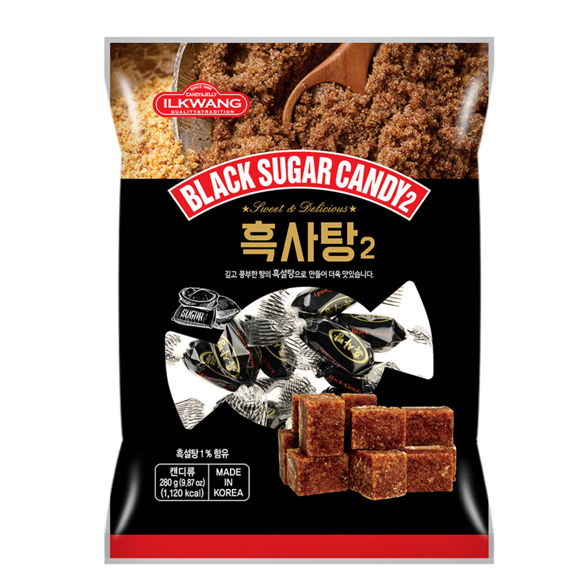Korean black sugar candy (heuksatang) — front of 280 g bag, individually wrapped hard candy, 9.87 oz — Product of Korea (흑사탕)