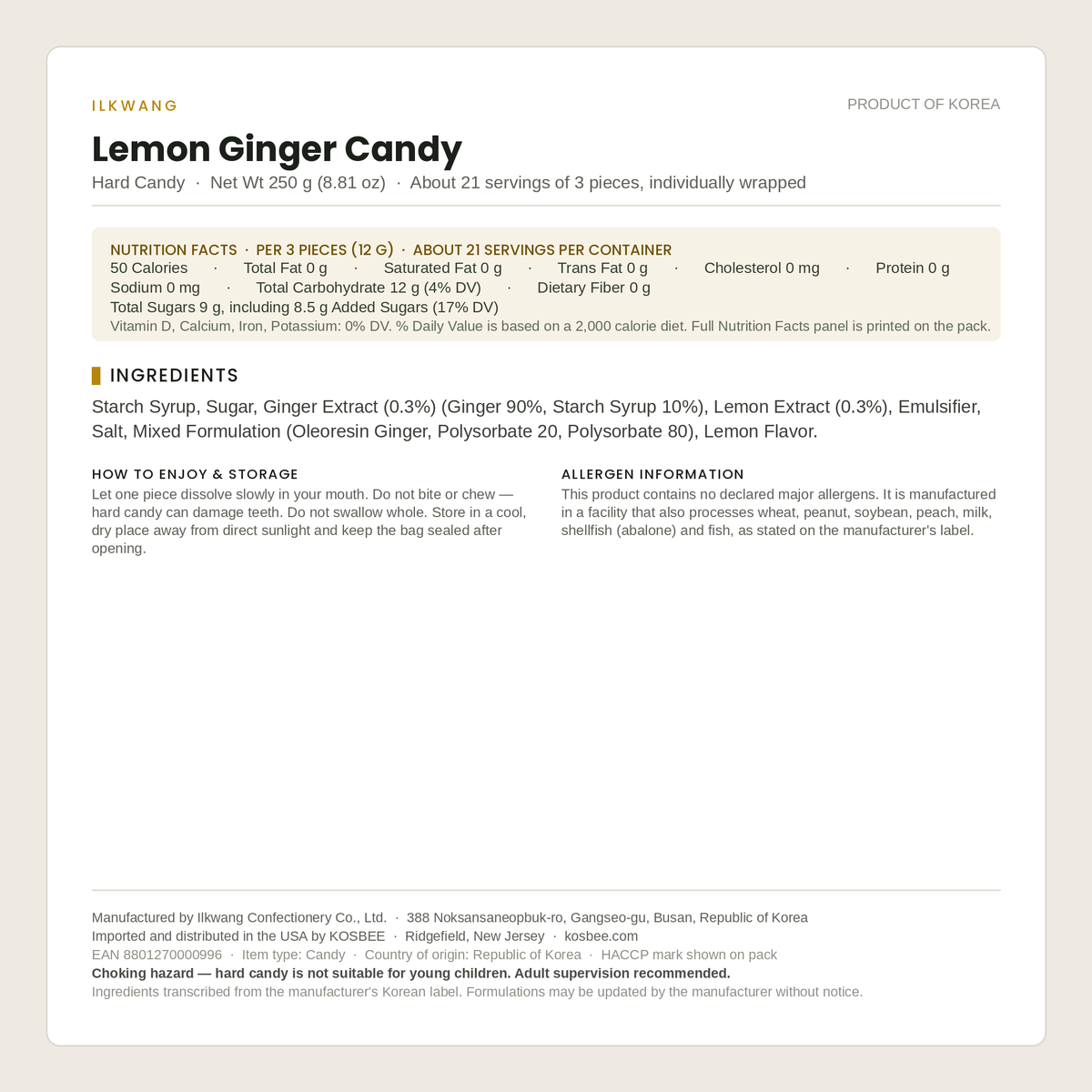 Ilkwang Lemon Ginger Candy ingredients panel — 250 g (8.81 oz) Korean hard candy with lemon and ginger extract, Product of Korea