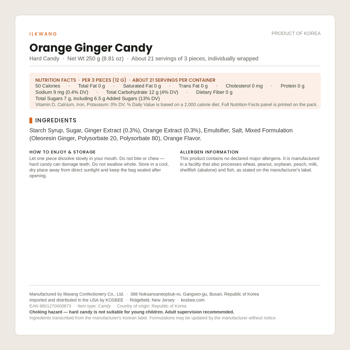 Ilkwang Orange Ginger Candy ingredients panel — 250 g (8.81 oz) Korean hard candy with orange and ginger extract, Product of Korea