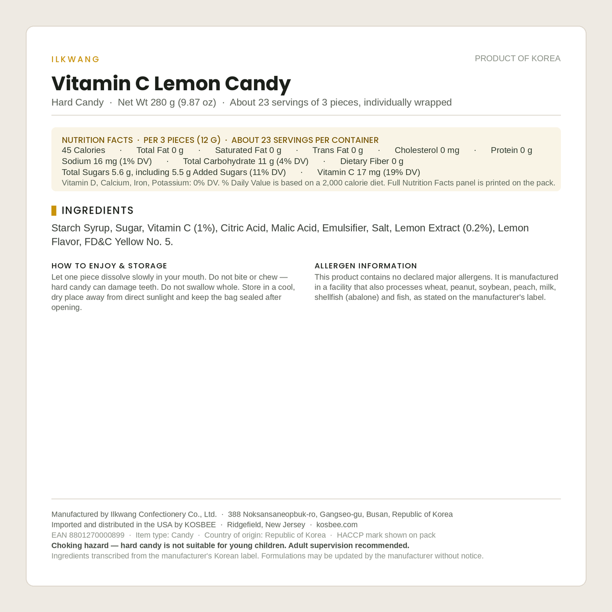 Ilkwang Vitamin C Lemon Candy ingredients panel — 280 g (9.87 oz) Korean hard candy with vitamin C, Product of Korea