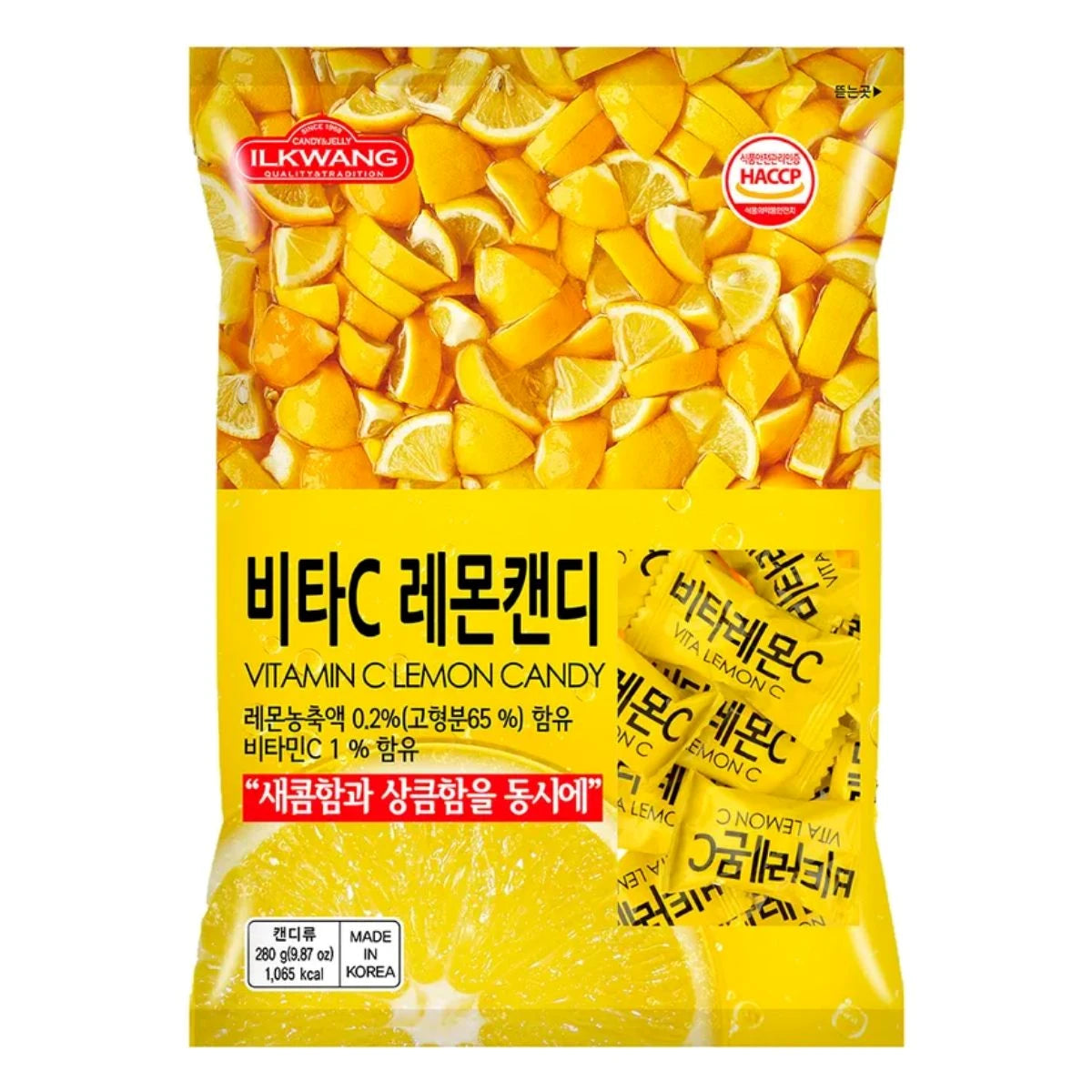 Front view of Ilkwang Vitamin C Lemon Candy 9.87 oz bag, a refreshing Korean lemon drop treat with real lemon extract.
