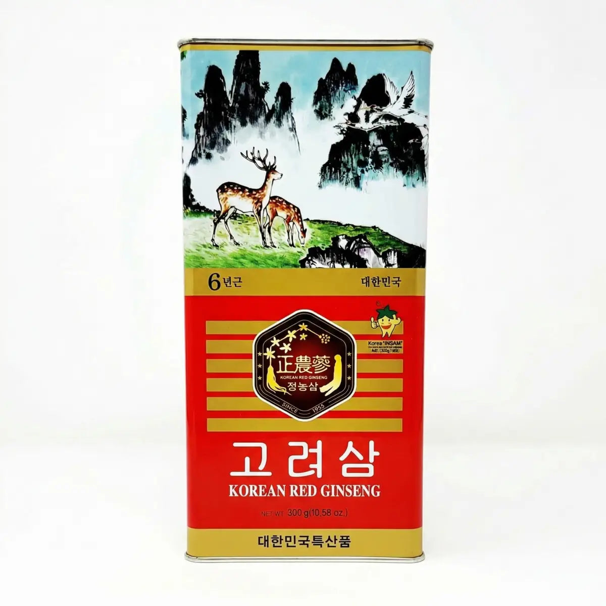 Authentic Jeongnongsam 6-Year-Old Korean Red Ginseng Roots in a traditional tin with deer illustration - Premium Daepyeon grade for natural immunity and vitality support.