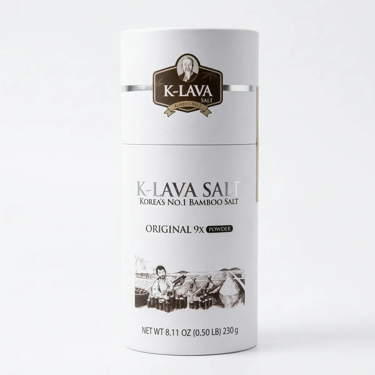 K-Lava Original 9x Roasted Korean Bamboo Salt Powder (8.11 oz) in a premium container, high alkaline mineral salt for wellness.