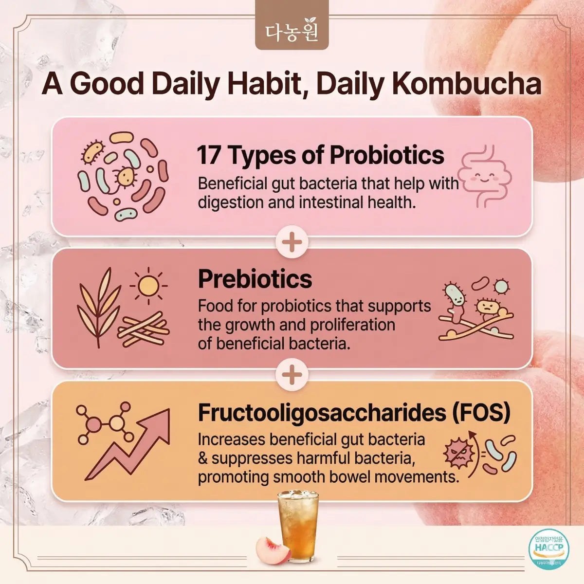 Danongwon Daily Kombucha Pomegranate tea sticks with probiotics and prebiotics for gut wellness, shown in a close-up image.
