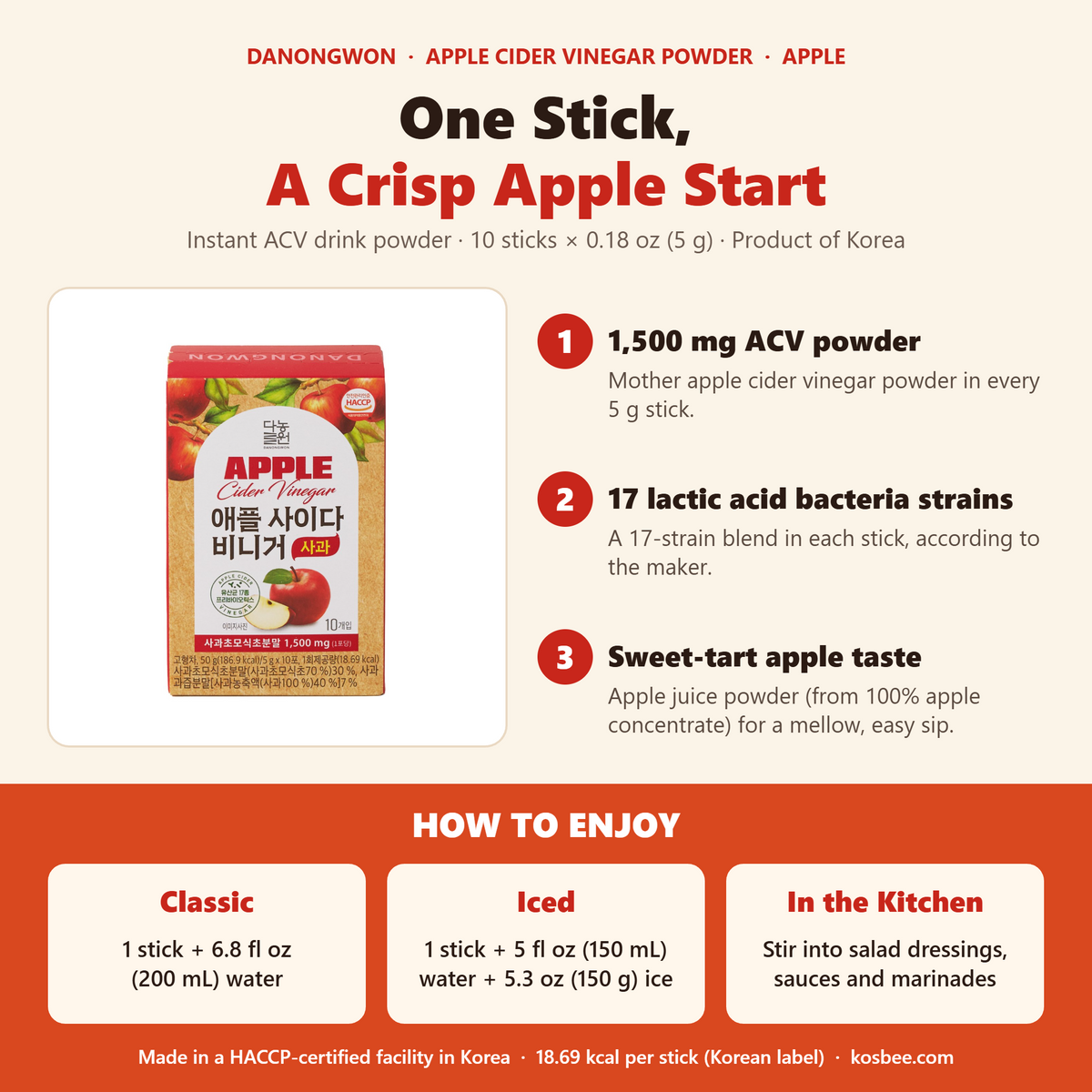 Danongwon brand infographic showing three points about ACV Apple sticks and how to enjoy them with water, ice or in cooking