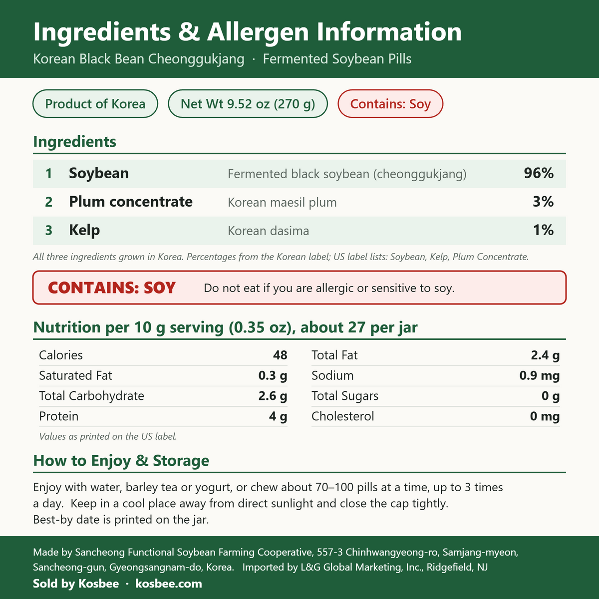 Korean black bean cheonggukjang (fermented soybean pills) — ingredients and allergen panel, 9.5 oz