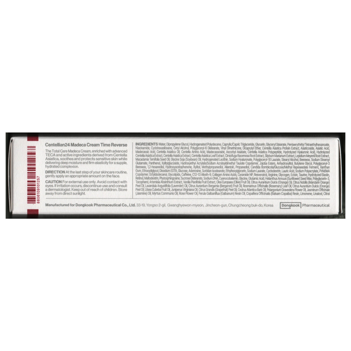 Korean cica cream (Centellian24 Madeca) — back of tube with English INCI list and directions