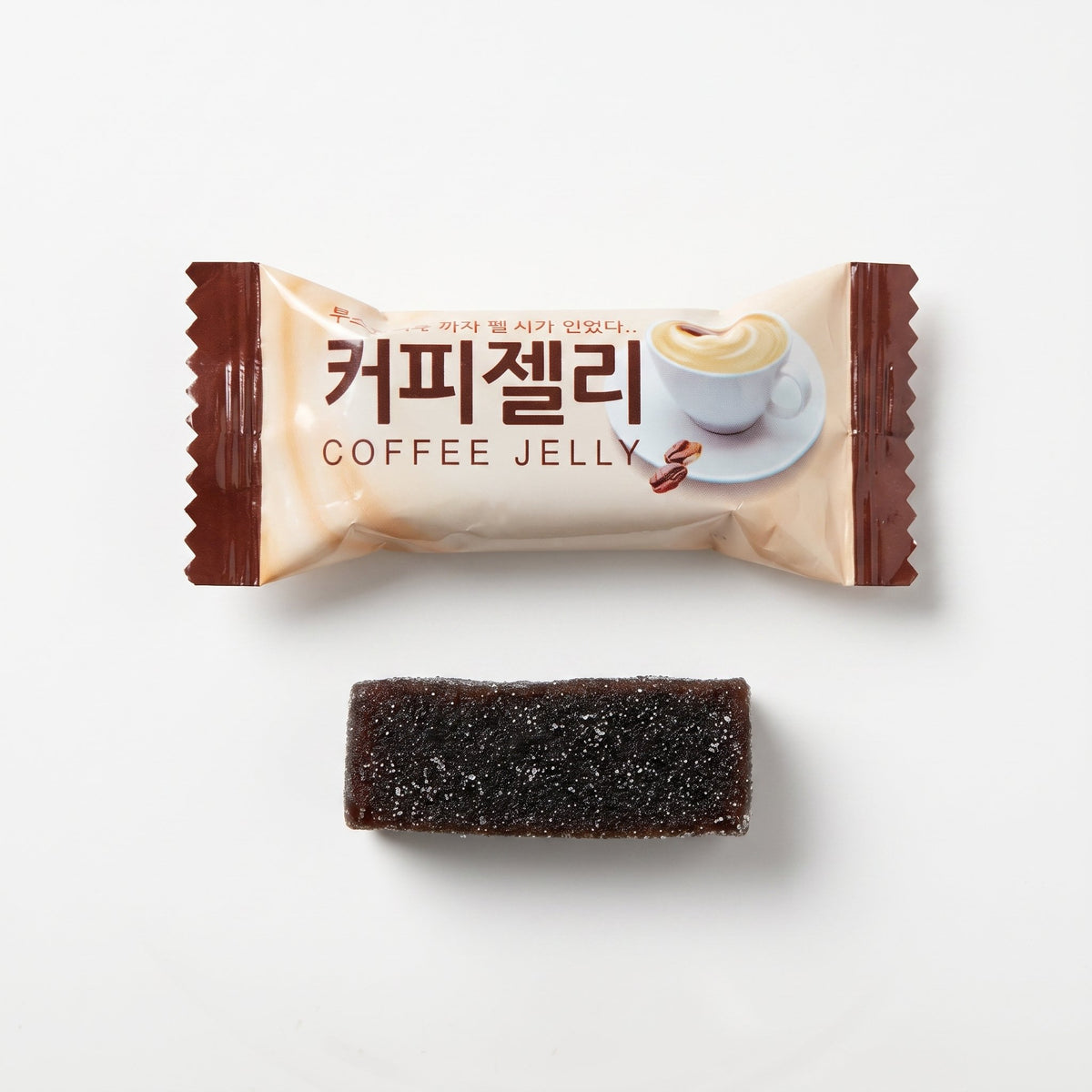 Korean Coffee Jelly (커피젤리) wrapper and unwrapped sugar-coated agar jelly piece — Ilkwang, Product of Korea