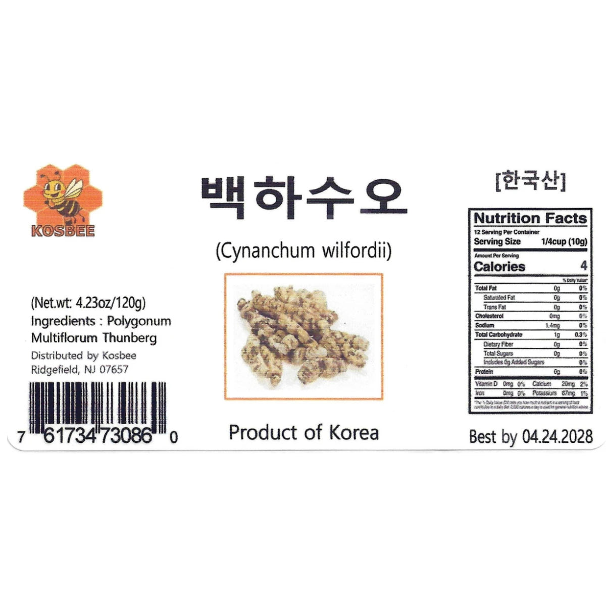Korean Cynanchum wilfordii root (백하수오) product details, highlighting traditional herbal benefits for menopause comfort and hair vitality.