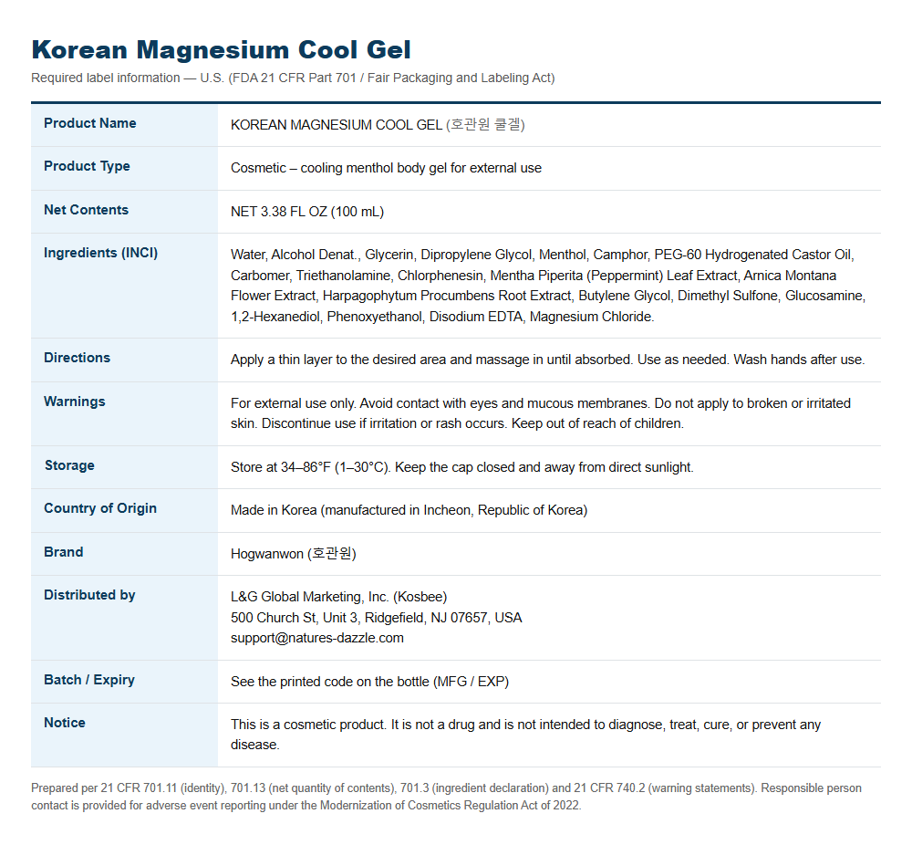 Korean Magnesium Cool Gel by Hogwanwon full US product label information including ingredients, directions, warnings, and FDA compliance details.