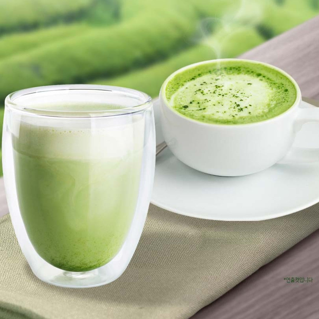 Korean matcha latte served two ways: an iced glass and a hot cup with saucer