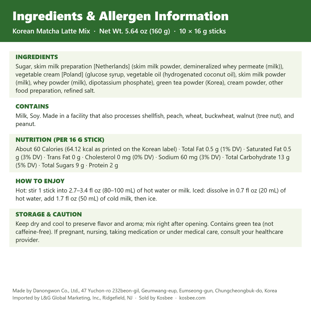 Korean matcha latte mix (instant green tea drink) — ingredients and allergen panel, 5.64 oz