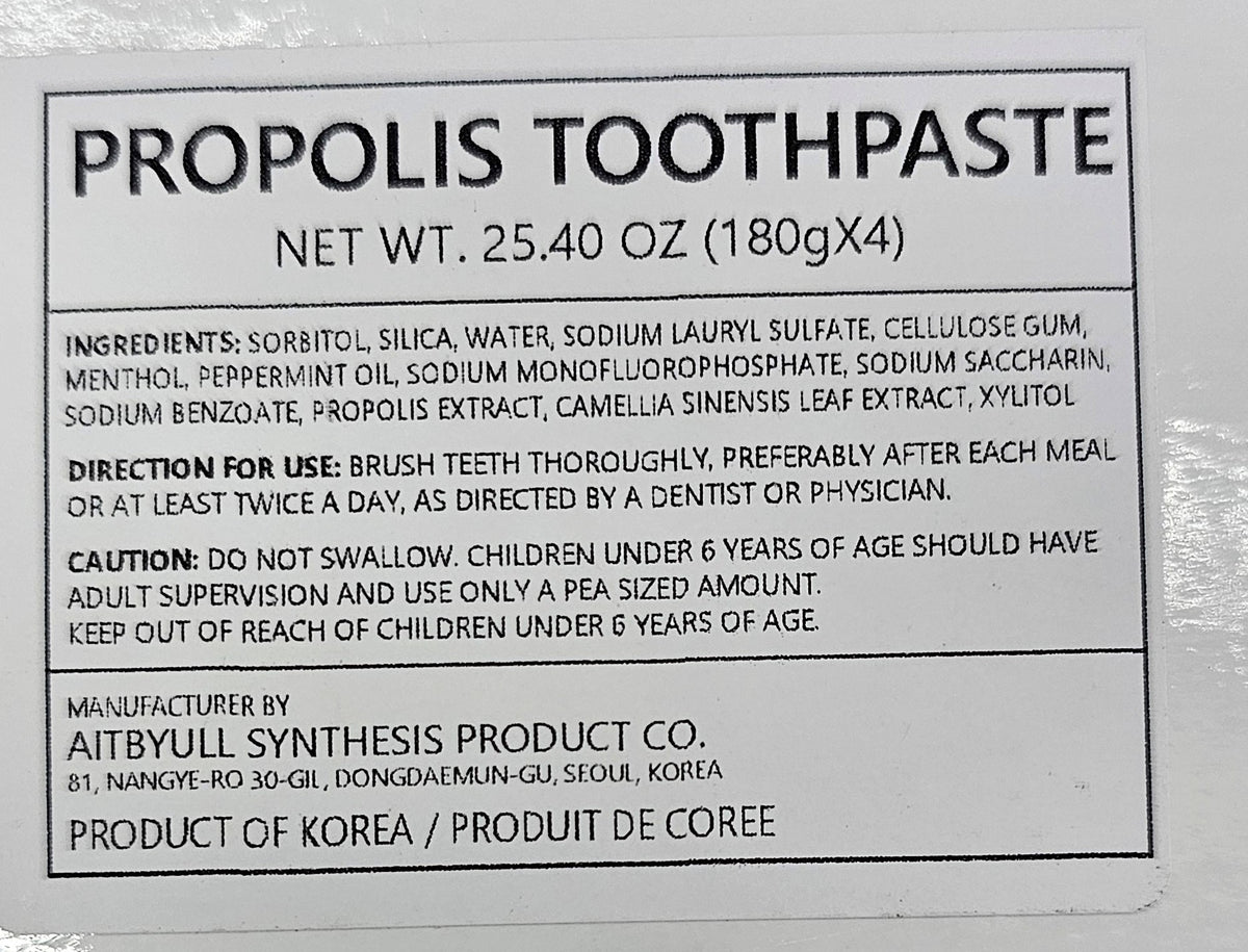 US label of Dr. Propol propolis toothpaste: ingredients, directions, net wt 25.40 oz